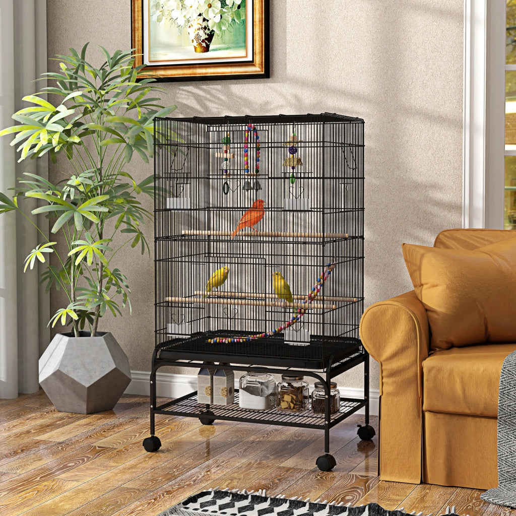 Gabbia per Uccelli con Area Gioco, Ruote, Vassoio Estraibile e Mensola, 64x45x110 cm, Nero
