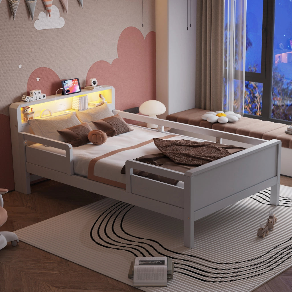 LETTO Multifunzione 90x200 cm Bianco in legno con LED e presa USB/USB-C