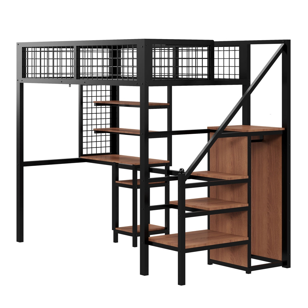 Letto a soppalco 90x200 cm con scrivania; armadio e scala di sicurezza nero