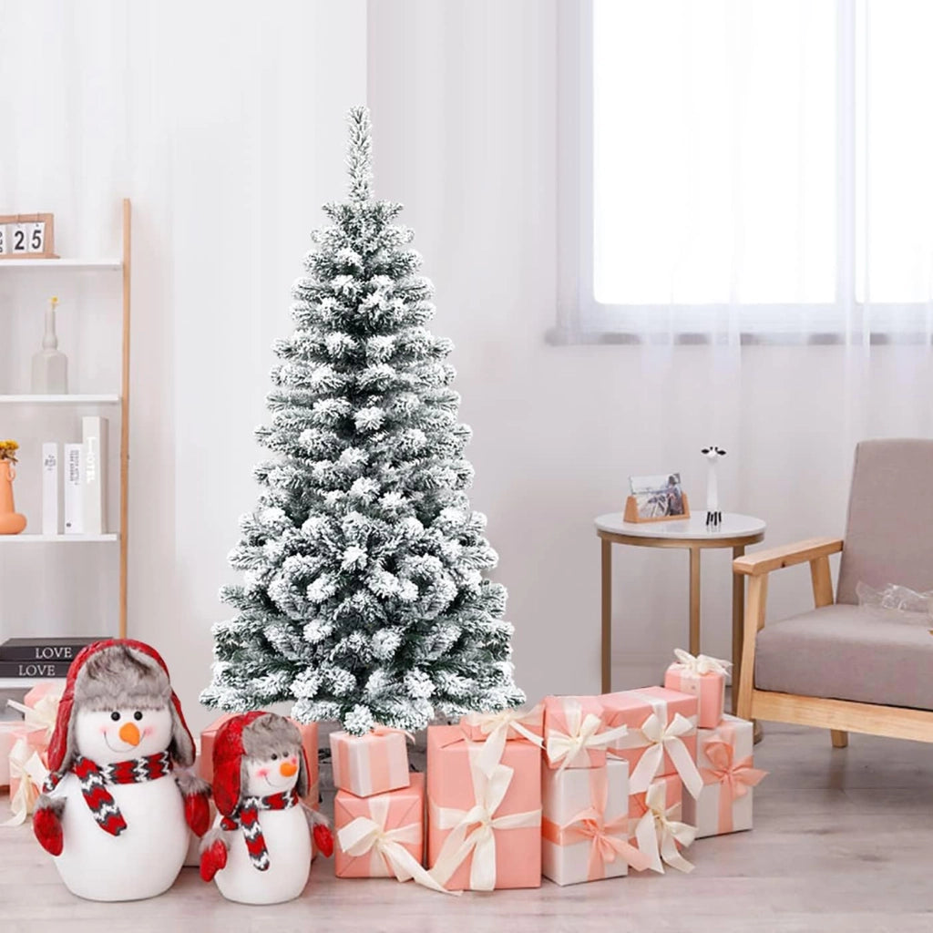Albero di Natale Stretto e Alto Slim 140/180/225 cm, con 150/250/350 Luci Incorporate, Albero Innevato Romantico, Supporto in Ferro, Rami Spessi, Effetto Realistico