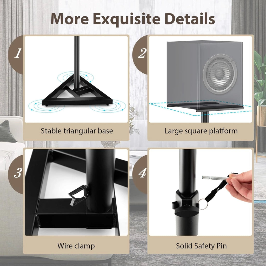 Set di 2 Supporti per Altoparlanti da Pavimento, Regolabile in Altezza da 97 a 157 cm, Stabile con Struttura a 3 Zampe, Vassoio in Metallo fino a 50 kg, Stativi per Casse Audio, Nero
