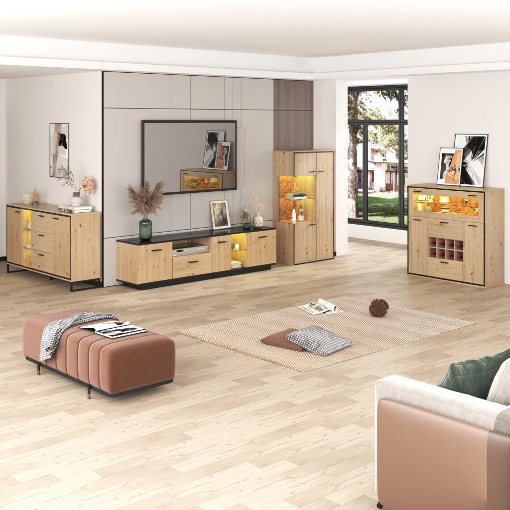 Credenza con 2 Ante; Portabottiglie e Divisorio in Vetro; LED 16 Colori; in Pannelli di Particelle; Naturale; 110¡Á38¡Á111 cm