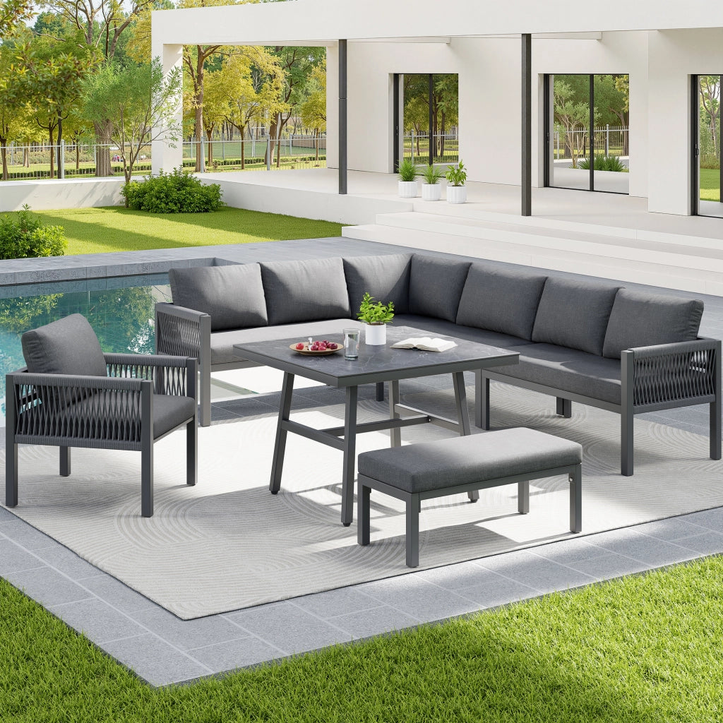 Divanooo giardino intrecciato mano forma L 8 persone: ferro; cuscini grigi; tavolo vetro marmo + 2 poltrone; resistente