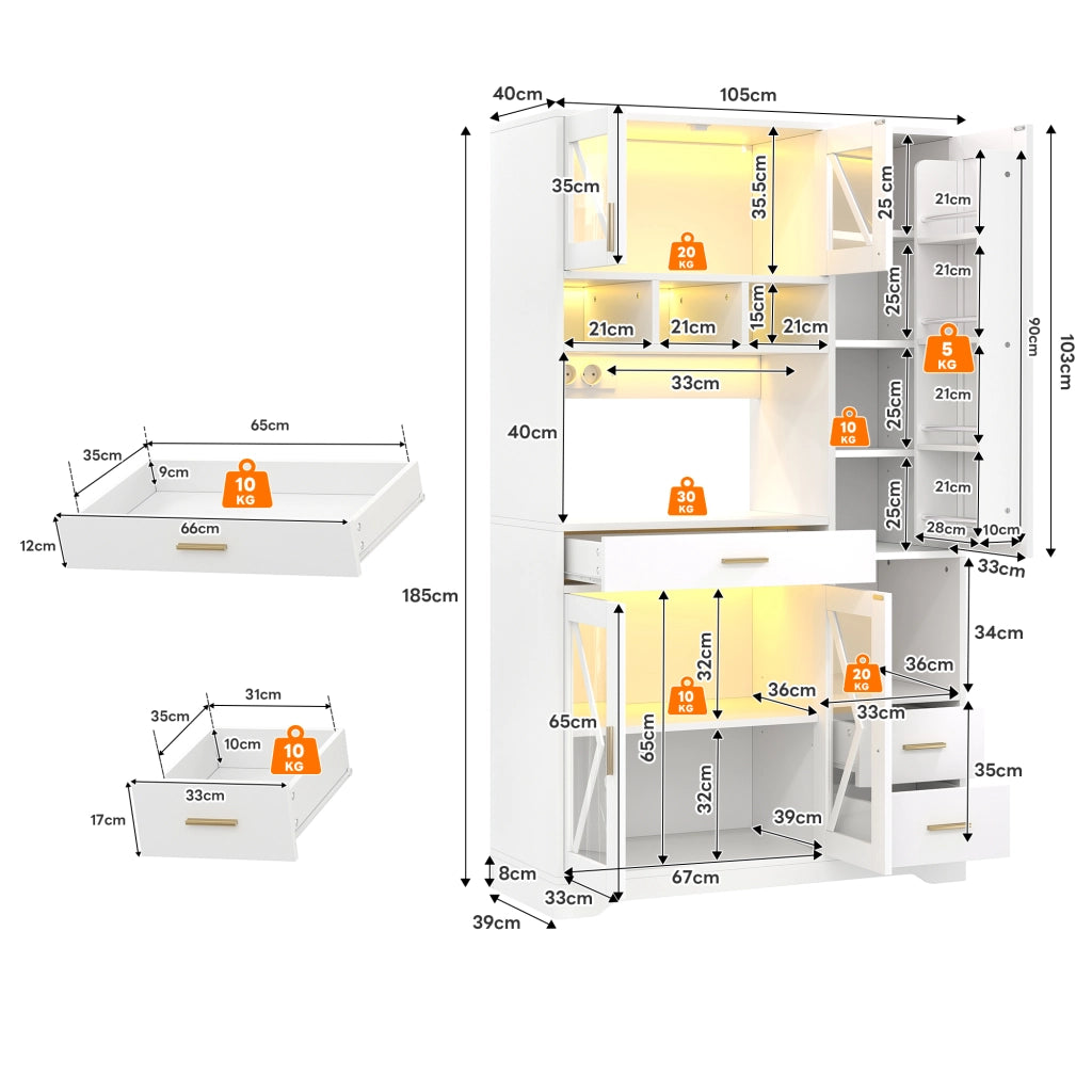 Credenza con LED a colori e prese, ante in vetro e ripiani regolabili, per cucina e soggiorno, bianca 185 × 105 × 40 cm