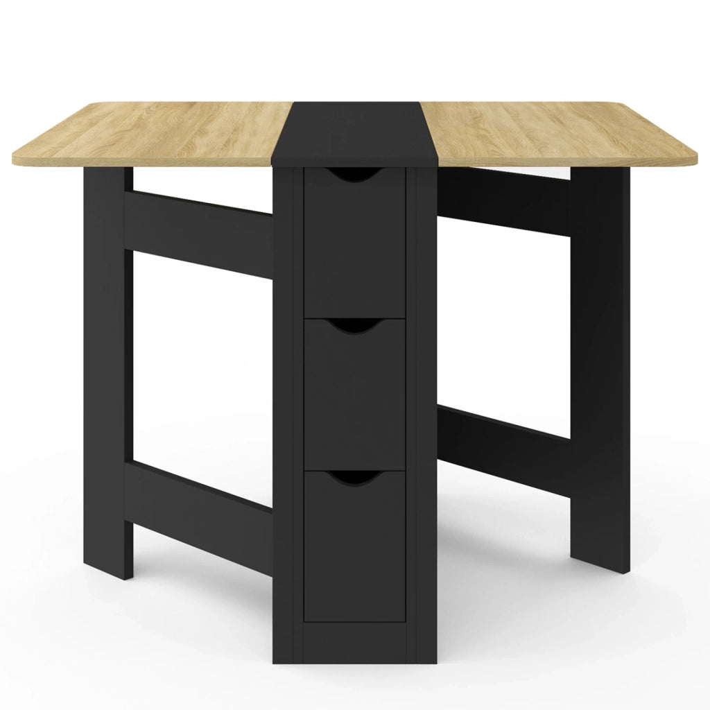 IDMarket - EDI Consolle pieghevole per 2-4 persone con 3 cassetti neri, piano effetto faggio 103 x 76 cm