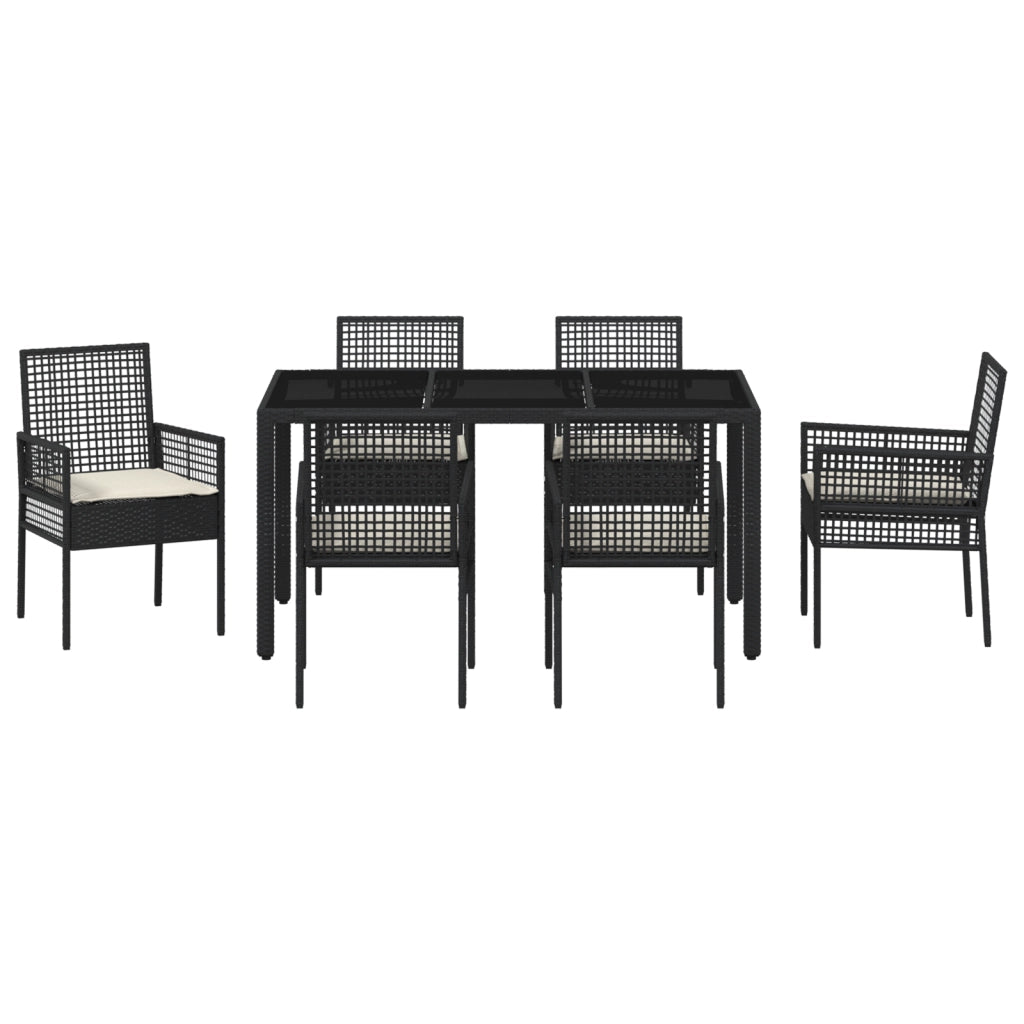 Set da Pranzo da Giardino 7 Pezzi con Cuscini Nero Poly Rattan