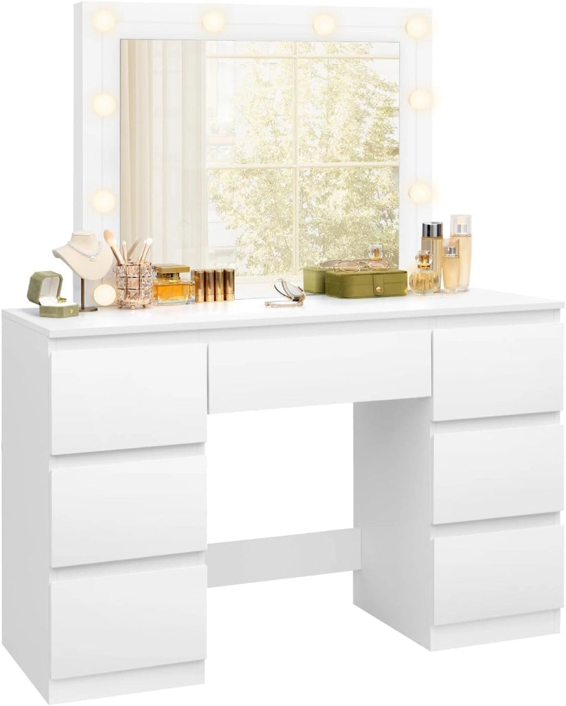 Toeletta da Trucco, con Specchio e Luci LED, Luminosità Regolabile, Tavolo da Trucco, con 7 Cassetti, Postazione Make Up, 107x39,5x140,5cm, Cassettiera in Legno, Bianco, MB6099ws