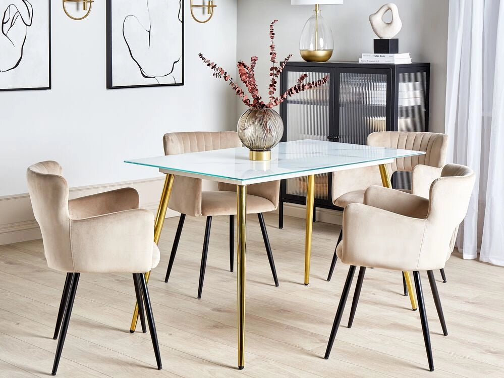 Tavolo da pranzo in vetro temperato bianco dorato 120 x 70 cm effetto marmo soggiorno moderno glam