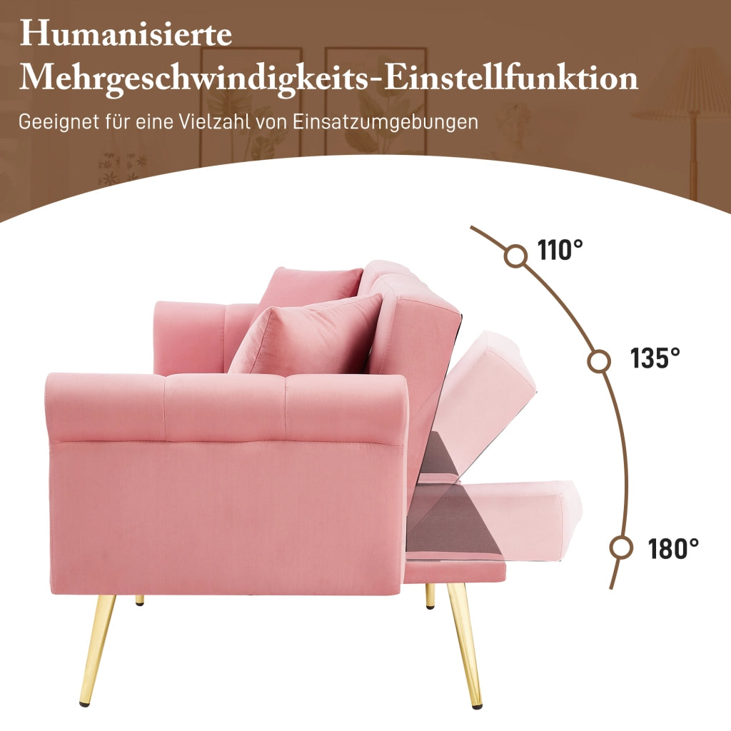 Divano letto 2 posti - con schienale regolabile e cuscini - in velluto rosa