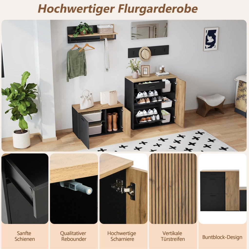 Set ingresso 5 pezzi con armadio scarpe; panca; specchio e appendiabiti; rovere naturale e nero