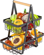 Etagère a due piani per frutta e verdura, con contenitore rimovibile, in metallo nero con maniglia in legno, per frutta, pane e snack.
