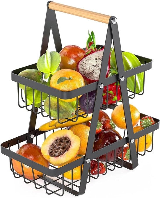 Etagère a due piani per frutta e verdura, con contenitore rimovibile, in metallo nero con maniglia in legno, per frutta, pane e snack.