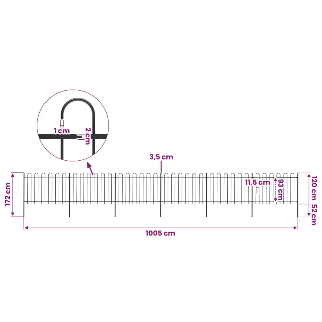 Recinzione da Giardino con Parte Superiore ad Anello in Acciaio 1005x120 cm Nera 277670