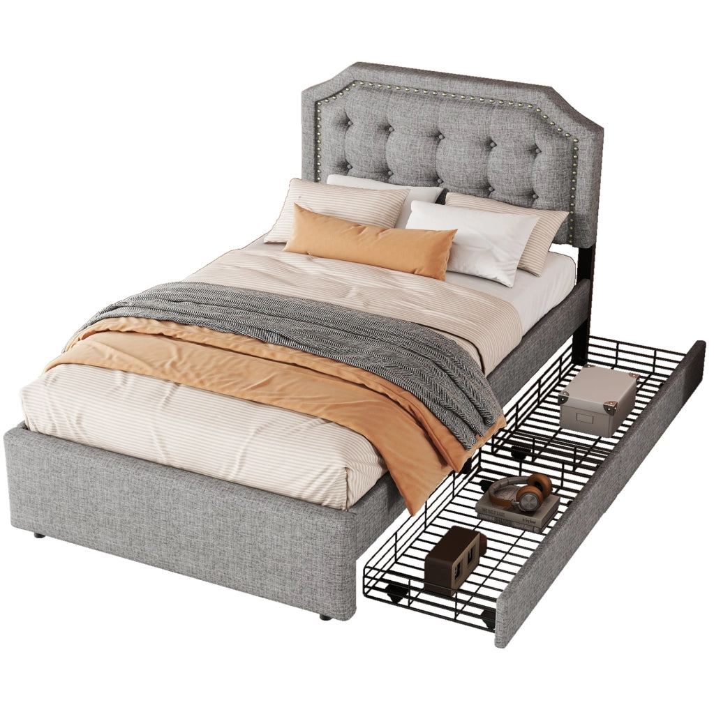Letto imbottito 90x200 cm in tessuto grigio con testiera regolabile e 2 cassetti