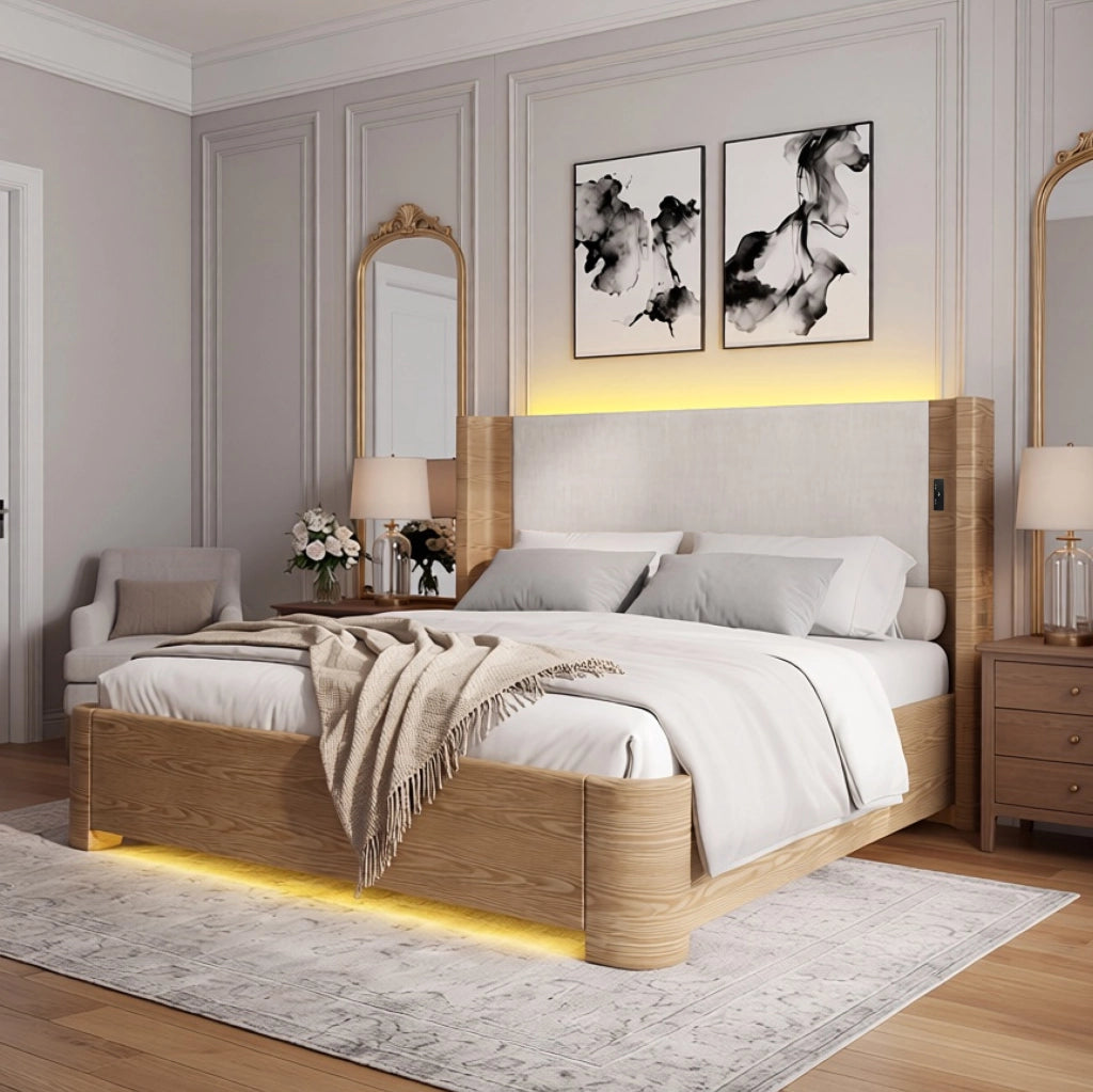 Letto 180x200 cm beige con LED e sollevamento idraulico