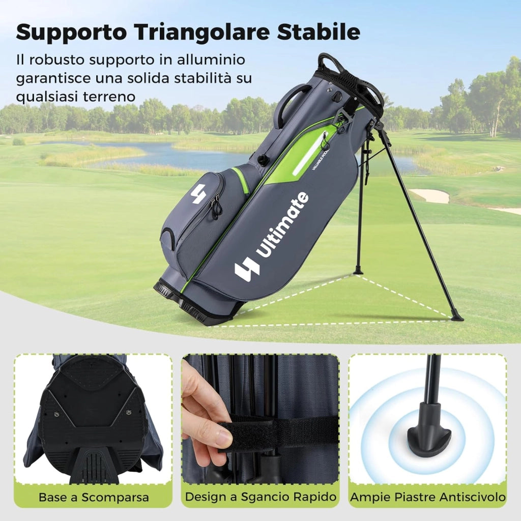 Borsa da Golf con Divisori Superiori a 8 Vie & 5 Tasche con Cerniera, Tracolla Regolabile a Doppia Spalla, Cappuccio Antipioggia e Portombrelli, Sacca da Golf per Donna e Uomo