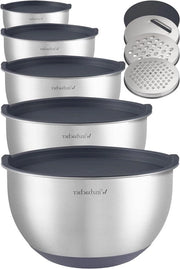 Set di ciotole in acciaio inossidabile 5 pezzi 1 l 1,5 l 2,5 l 3,5 l + 4,5 l con base antiscivolo, stivabile e lavastoviglie, inclusa grattugia.