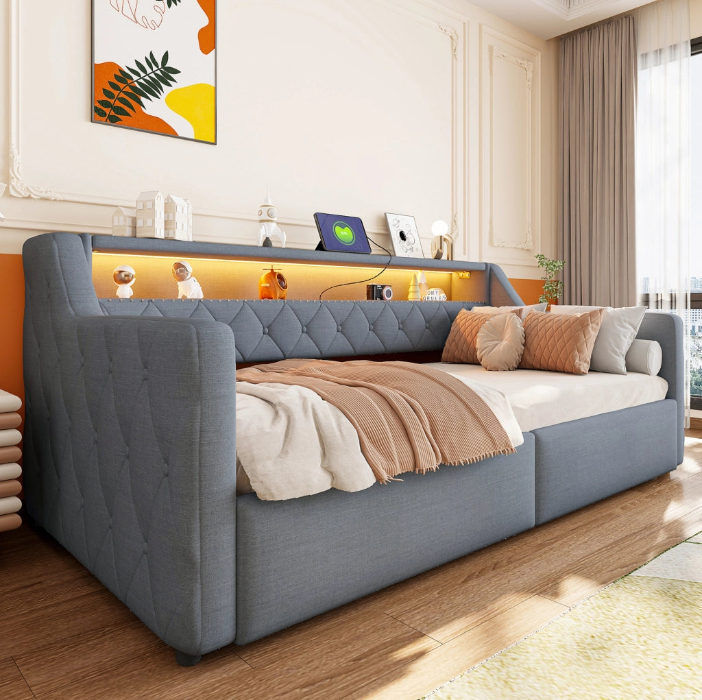Daybed 90 x 200 cm con illuminazione LED; spazio contenitore idraulico; lino e MDF grigio
