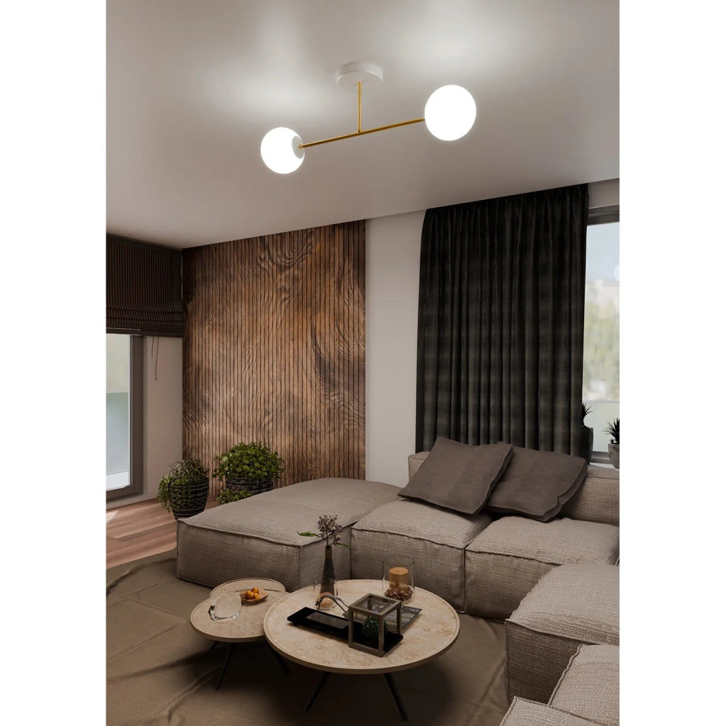 Plafoniera Moderna Magnium 2 Luci In Acciao Oro E Sfere In Vetro Bianco