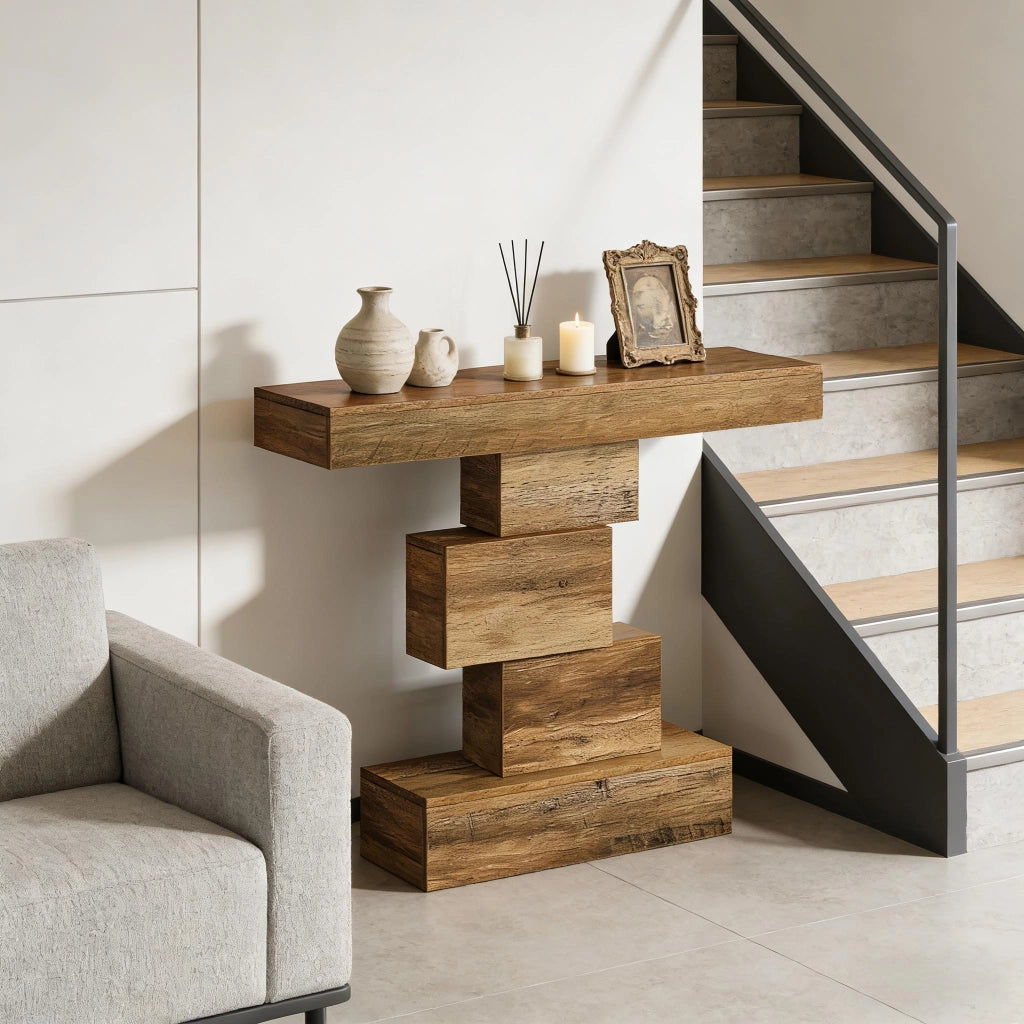 Consolle in legno con struttura geometrica e ripiani a gradini, per ingresso e soggiorno, 108 × 30 × 80 cm
