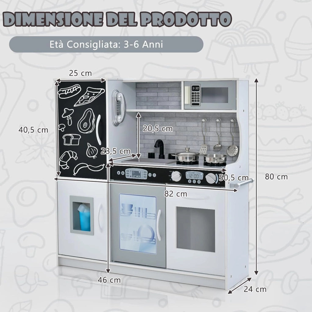 Cucina Giocattolo per Bambini, Cucina Legno per Bambini con Lavagna, Telefono, Microonde e Macchina per Ghiaccio, con Accessori e Suoni Realistici, per Bambini 3-6 Anni (Bianco)