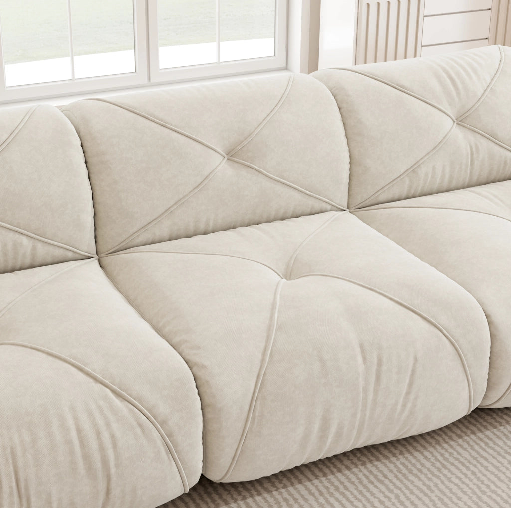 Divano modulare 204x171x76 cm in chenille beige chiaro; design basso e imbottitura in schiuma 32D