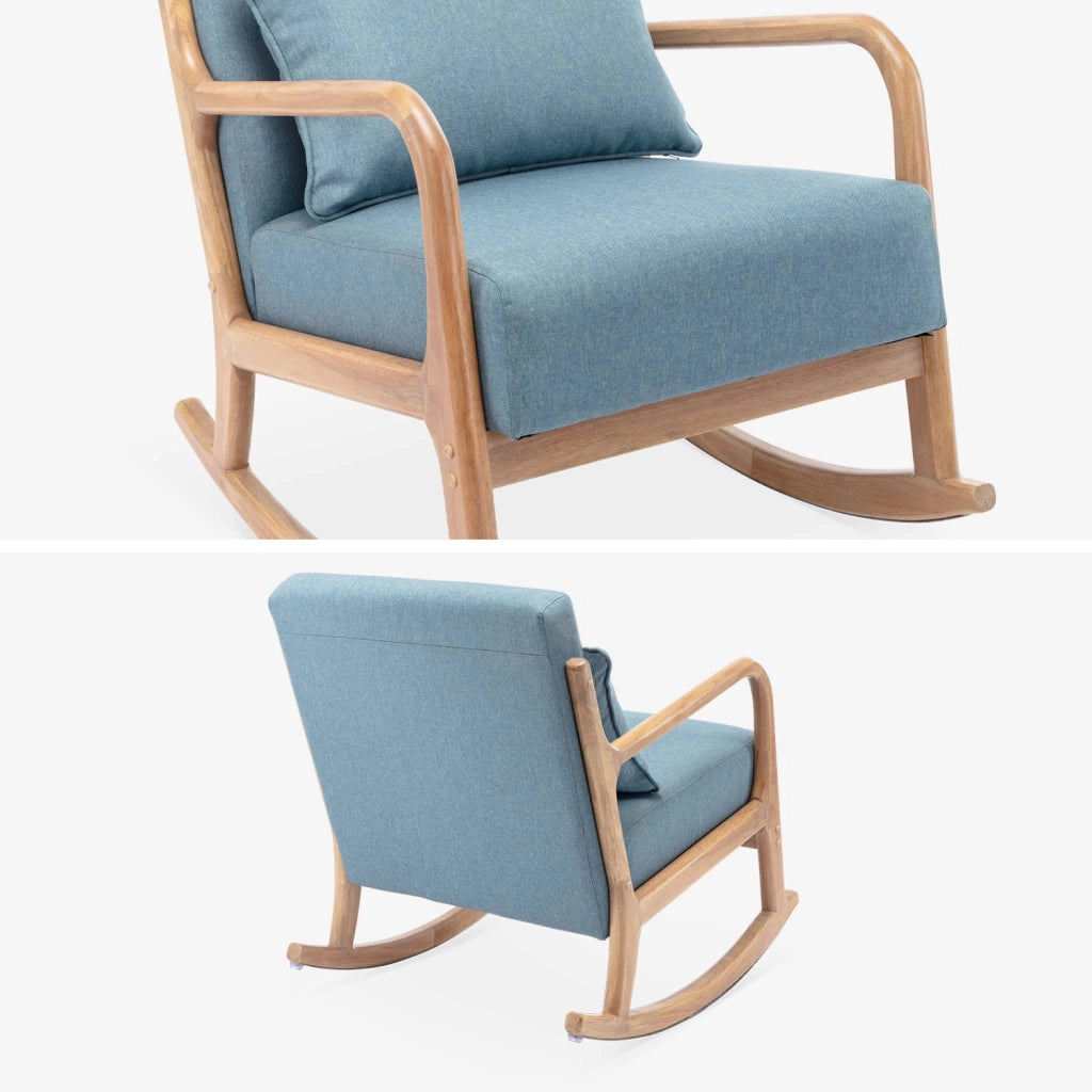 Poltrona scandinava a dondolo in legno e tessuto con braccioli, blu