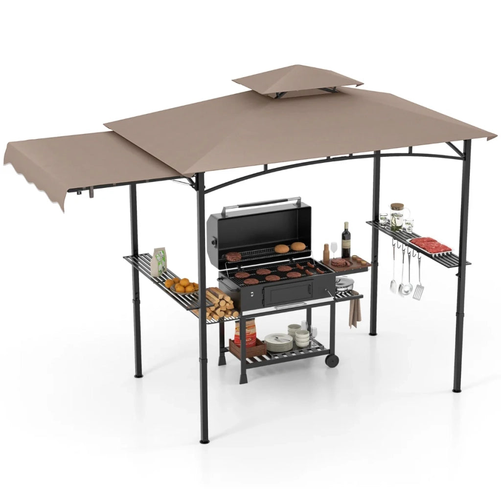 Gazebo per barbecue 318 x 153 x 250 cm con tenda laterale zona ombreggiata e ripostiglio in poliestere dal design estetico colore caffè 20_0014397
