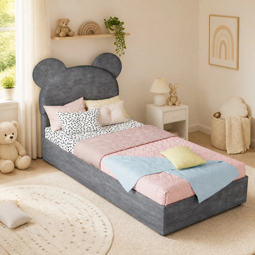 Letto imbottito 90x200 cm con testiera cartoon e contenitore a sollevamento, grigio