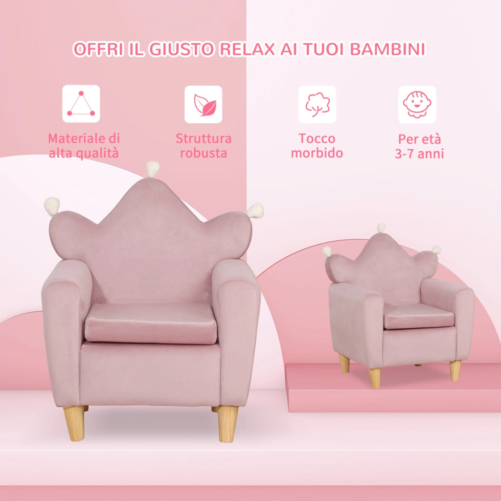 Poltrona Bambini in Velluto Rosa con Schienale a Corona ¨C zephmum ¨C 50x42x58 cm