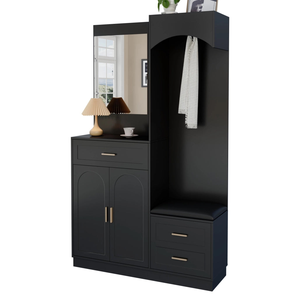 Mobile ingresso compatto 4 in 1 con specchio; scarpiera e appendiabiti; 110x33x185;5 cm; nero