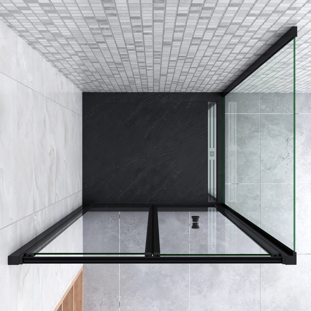 185cm Box Doccia Angolare Porta a Soffietto con Parete Fissa 96x80cm in Vetro Temperato Trasparente 5 mm Profilo Nero Opaco