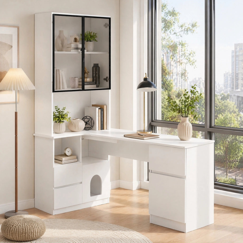 Scrivania angolare con libreria e vetrina LED, 3 cassetti, 2 porte e passacavi, per home office, 120 × 80 × 180 cm