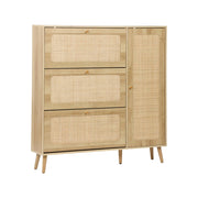 Scarpiera con decoro in legno e canna, 3 ante, marrone naturale