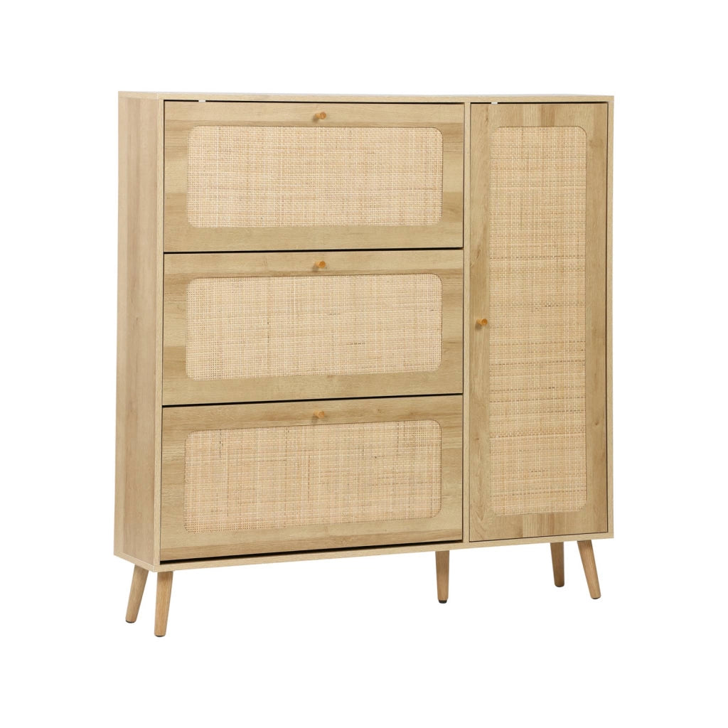 Scarpiera con decoro in legno e canna, 3 ante, marrone naturale