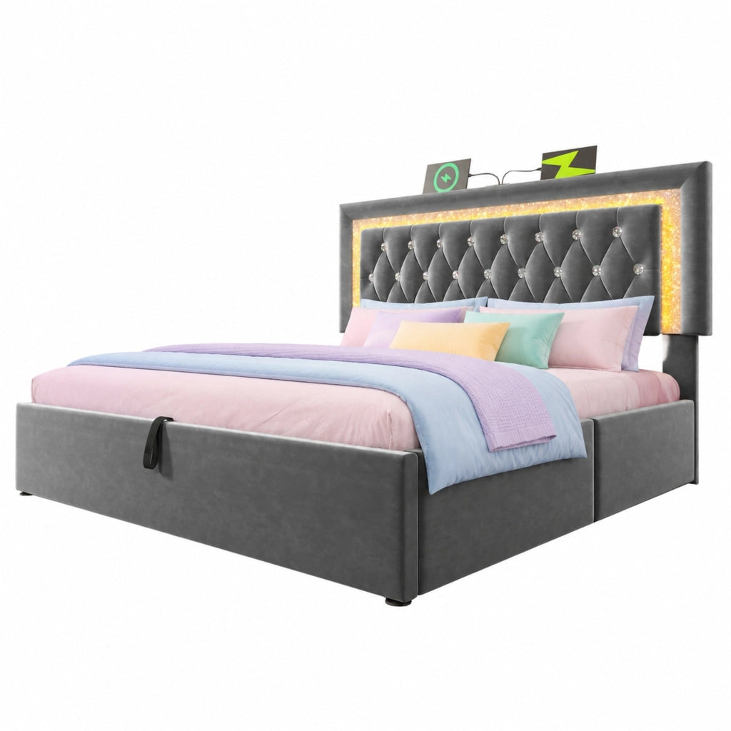 Letto matrimoniale 160x200 cm in velluto grigio con LED integrato, porte USB e USB-C, contenitore idraulico e rete a doghe