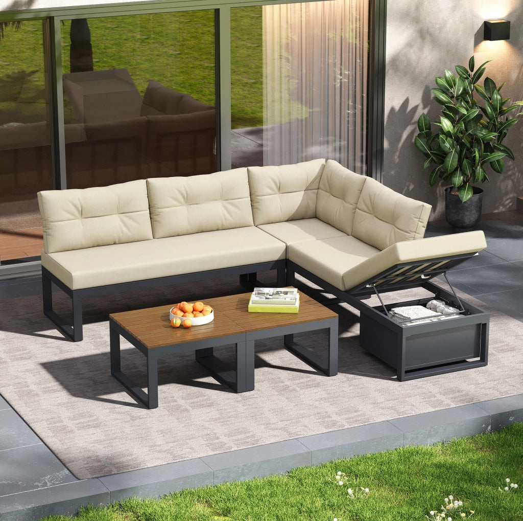 Set salotto da giardino modulare con seduta reclinabile a 3 posizioni; 191;5x191;5x79 cm; beige in poliestere