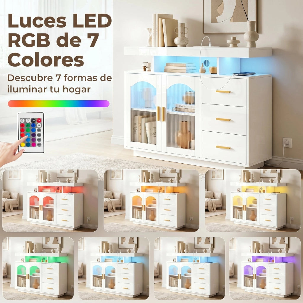 Armadio a 2 ante con 3 cassetti, mensole e LED RGB ¨C zephmum ¨C 100x35x80 cm
