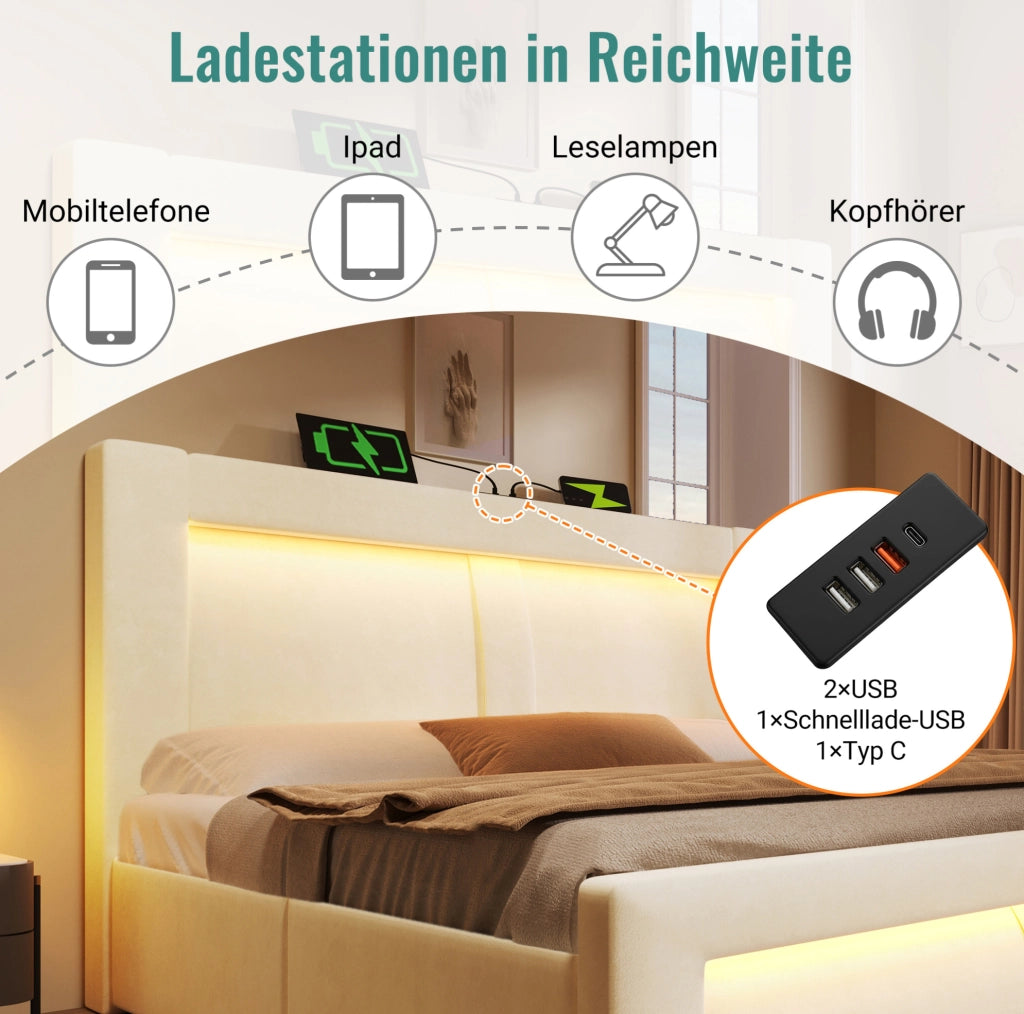 Letto con contenitore idraulico 160x200 cm, LED e prese USB/Type-C, beige