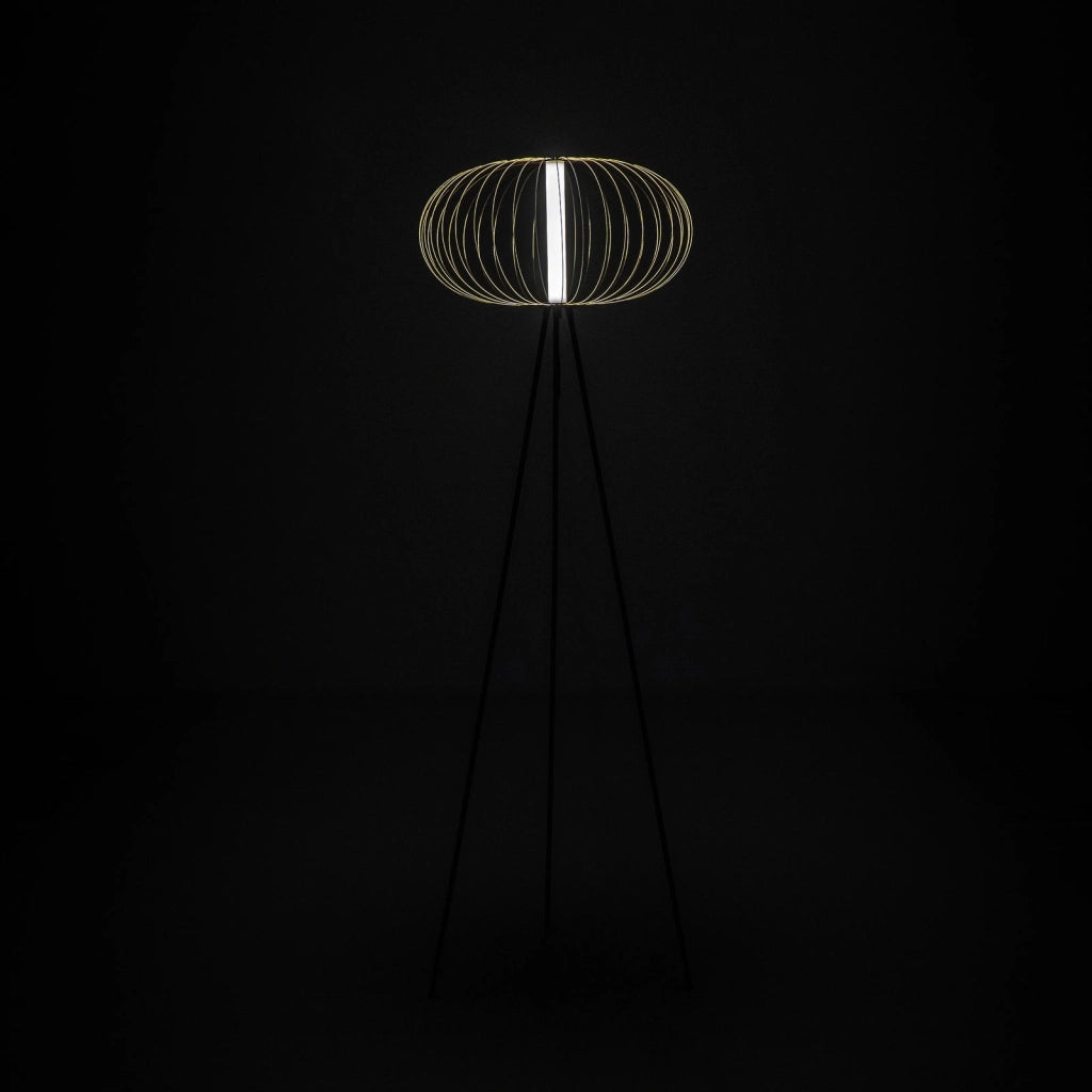 Mizar Lampada da terra LED 5W 3000K, paralume in acciaio ottone lucido e struttura in metallo nero opaco, design - Mizar Serie