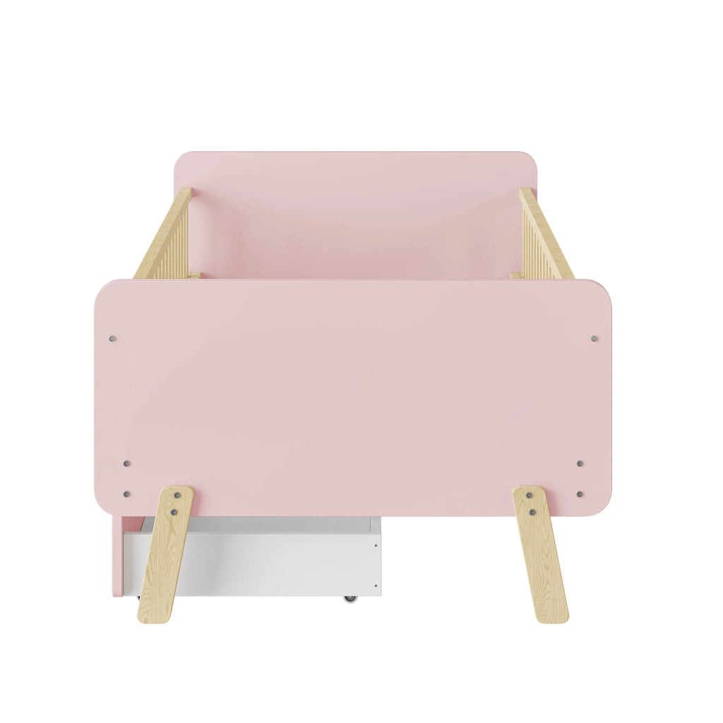 Letto singolo per bambini 90x190 - Zephmum - In legno massello con 2 cassetti e rete a doghe, rosa
