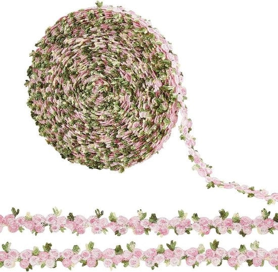 Pannelli di bordatura per tessuti da 15 yard - set di fili di fiori rosa - decorazione per abiti da sposa - applicazioni per tessuti - decorazione per feste - bordatura per abiti