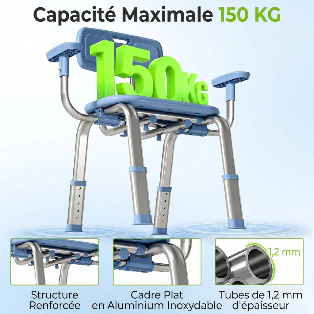 Sgabello Doccia Ergonomico con Braccioli e Schienale Regolabile ¨C Zephmum ¨C Blu