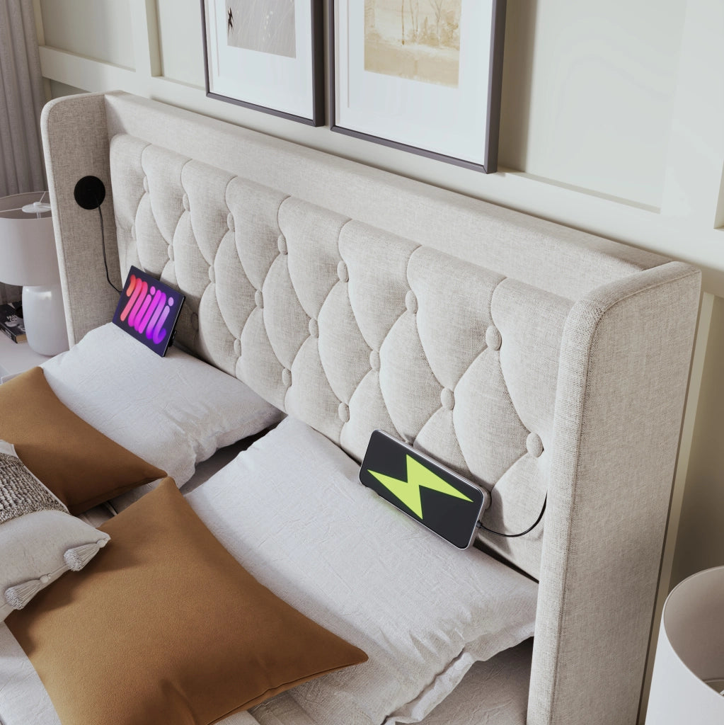 Letto matrimoniale 160x200 cm imbottito beige con contenitore; LED a 3 lati e porte USB/Type-C; con materasso