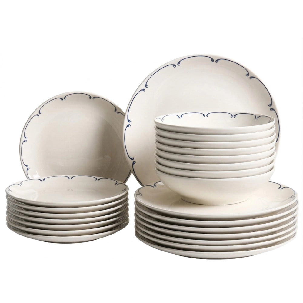 Set da 24 pezzi di stoviglie in porcellana con bordi decorativi finitura smalto trasparente bianco e blu per cucina e sala da pranzo