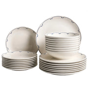 Set da 24 pezzi di stoviglie in porcellana con bordi decorativi finitura smalto trasparente bianco e blu per cucina e sala da pranzo