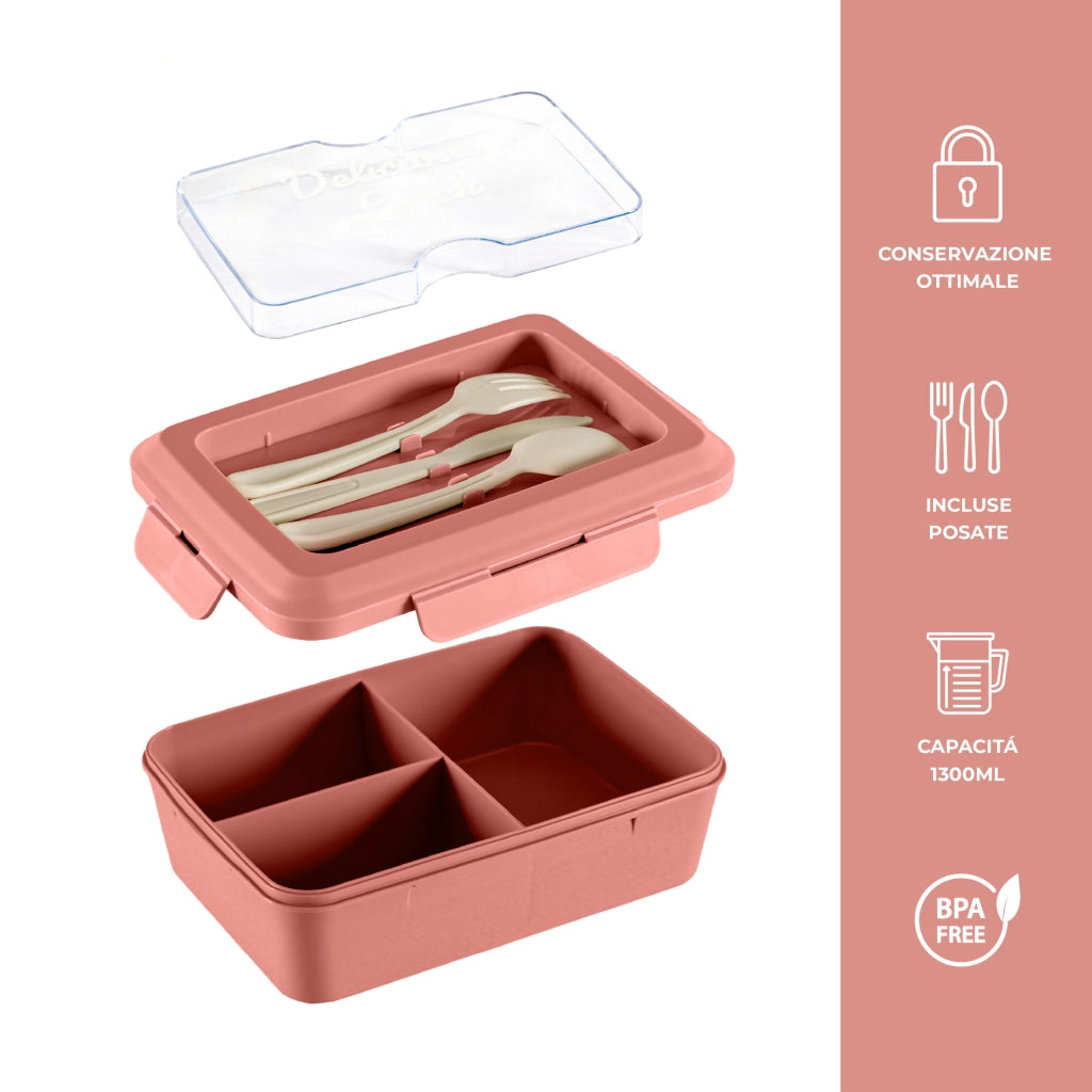 Set 2 Pezzi Lunch Box Porta Pranzo 1300 ml con 3 Posate, Contenitore Ermetico Per Alimenti BPA Free, Utilizzabile in Microonde e Lavastoviglie, Porta Pranzo con 3 Scomparti Rosa