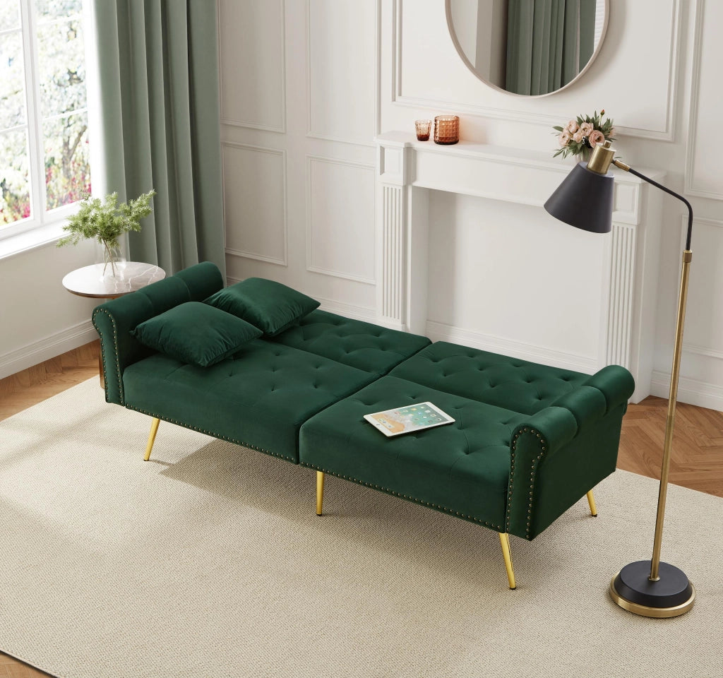 Divano Letto 2 Posti ¨C MINIMAL ¨C Velluto, Schienale Regolabile, Piedini Dorati