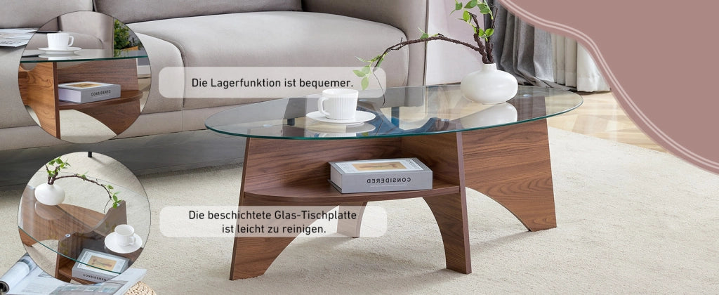 TAVOLINO DA CAFFÈ OVALE 104,9 x 60 cm Vetro Trasparente Noce
