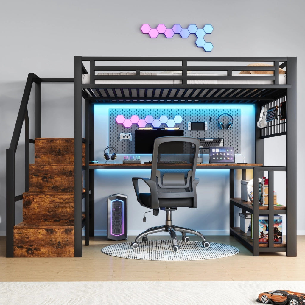 Letto a soppalco 140x200 cm con scrivania, LED e prese USB